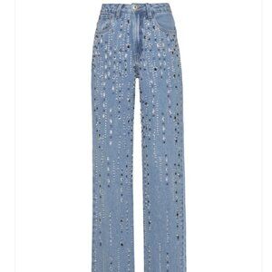 PatBO Hand-Beaded Straight Leg Jeans, Size 0